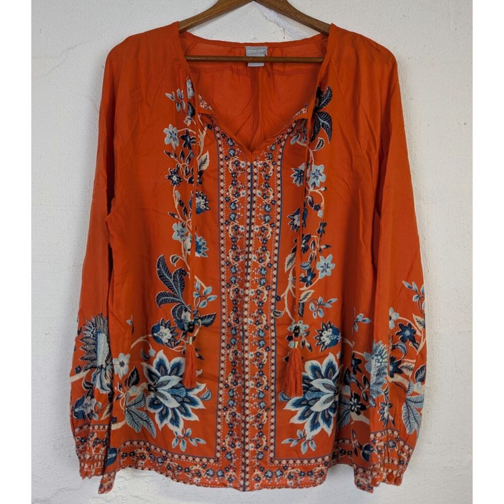 Chicos Boho Tunic Blouse Beaded Orange Floral Lightweight Long Sleeve Womens 8